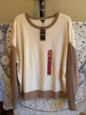 Express Two-Tone Cream and Brown Ribbed Crewneck Sweater NWT Size XL